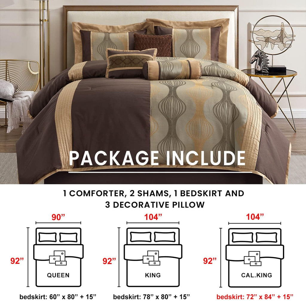 Grand Avenue Elegant Full Bed Comforter Set 7 Piece Bed in a Bag, Jacquard Bedding Set for All Season,Striped, Brown Comforter, Matching Decorative Pillows, Pillow Sham