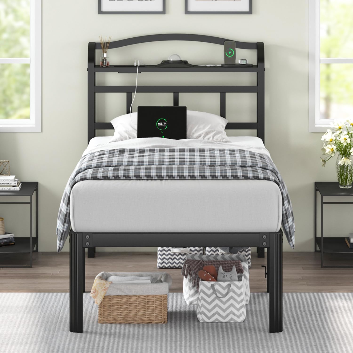 QEROMY Twin XL Bed Frame - Storage Headboard with Galaxy Aurora Star Projector & Charging Station, 18 inch Heavy Duty Metal Bed Frame No Box Spring Needed, Easy Assembly