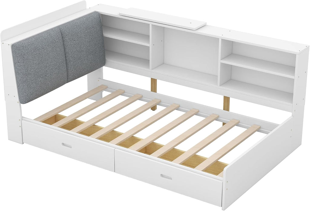 Harper & Bright Designs Twin Size Daybed with 2 Storage Drawers and Bookcase,Wood L Shaped Twin Platform Bed Frame with Shelves, Twin Sofa Bed Frame with Slats Support, No Box Spring Needed, White