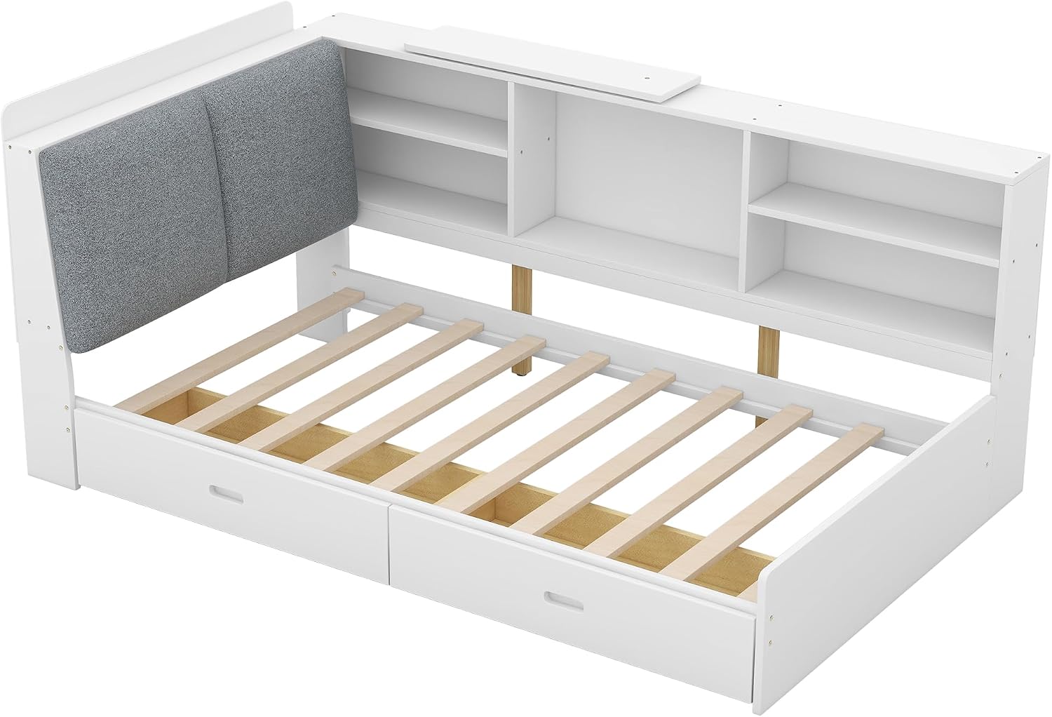 Harper & Bright Designs Twin Size Daybed with 2 Storage Drawers and Bookcase,Wood L Shaped Twin Platform Bed Frame with Shelves, Twin Sofa Bed Frame with Slats Support, No Box Spring Needed, White