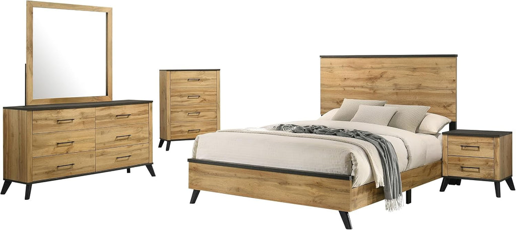 Coaster Home Furnishings Kaywood Mid-Century Modern 5-Piece Bedroom Set Eastern King Size Panel Bed Frame 52-inch Headboard Weathered Brown and Natural Pine 225001KE-S5