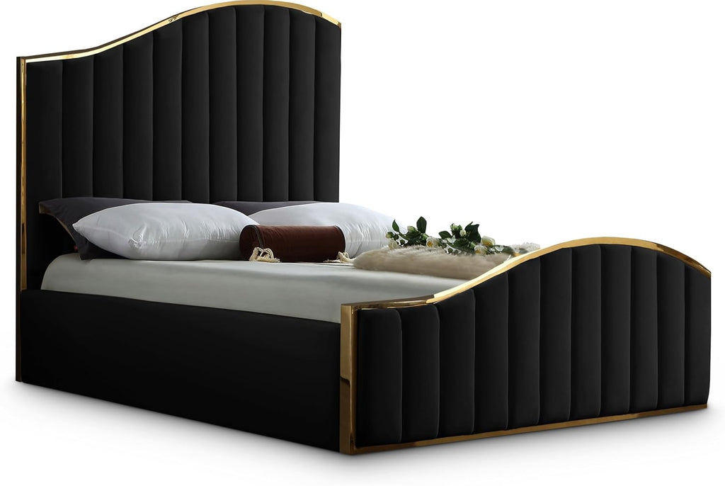 Meridian Furniture Jolie Collection Modern | Contemporary Velvet Upholstered Bed With Channel Tufting, And Polished Gold Metal Frame, Black, King