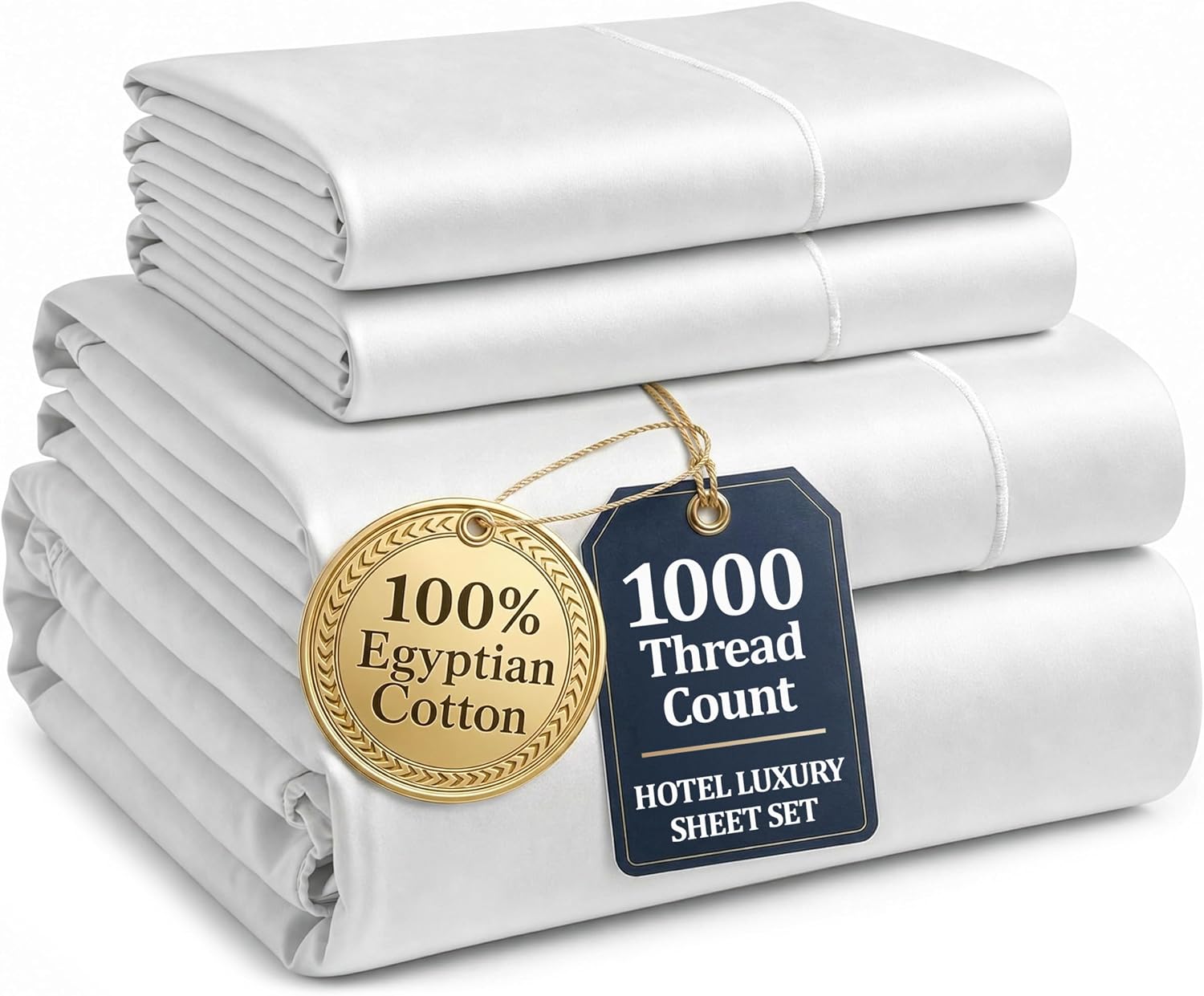 100% Egyptian Cotton Sheets King Size - 1000 Thread Count Silky Sateen King Size Sheets Set, Naturally Cooling & Breathable, Ultra-Soft Hotel Luxury Sheets with 15' Snug Fit Deep Pockets - White