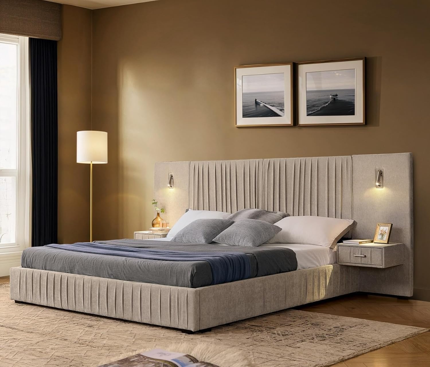 KEIKI Queen Size Chenille Bed Frame with 2 Nightstands, Lamps & Oversize Headboard, Solid Wood Frame Platform Night Stand Bedroom Set, Upholstered Floor Grounded Bed, No Box Spring Needed, Beige