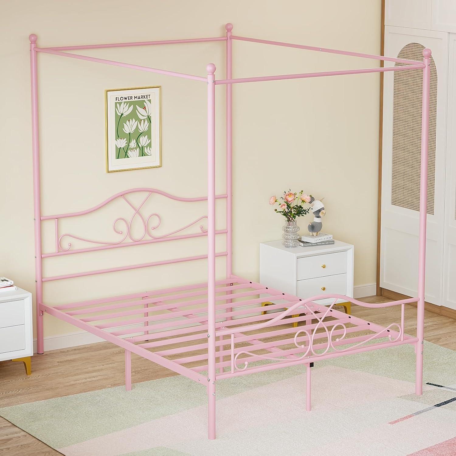 Weehom Full Canopy Bed Frame with Headboard and Footboard, Four-Poster Metal Canopied Platform Bed Mattress Foundation Underbed Storage Space No Box Spring Needed for Girls Adults Pink