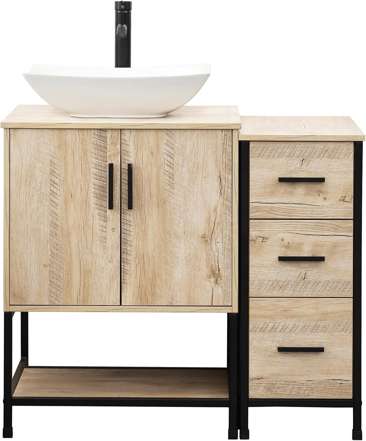 UEV 36' Rustic Oak Bathroom Vanity with Sink Combo,Industrial Iron Frame Bathroom Cabinet Sets with 3 Drawers Side Cabinet,Modern Artistic Ceramic Vessel Sink(032WH)