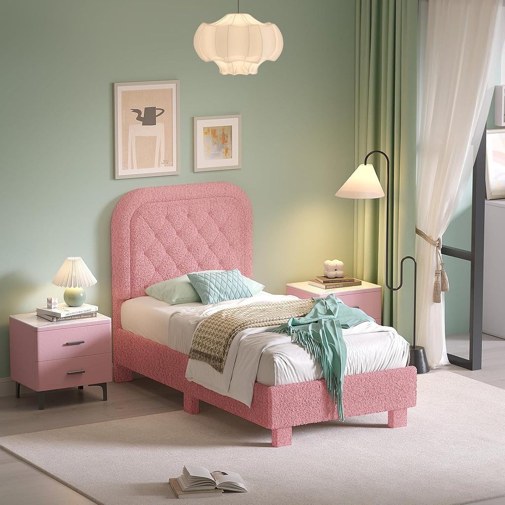 VINGLI Twin Platform Bed Frame Set of 2 with 46 Inches Tall Boucle Upholstered Headboard, Girls Puffy Cloud Princess Single Panel Bed with Rounded Corners for Kids Room, Apartment, Pink | Cream Furniture