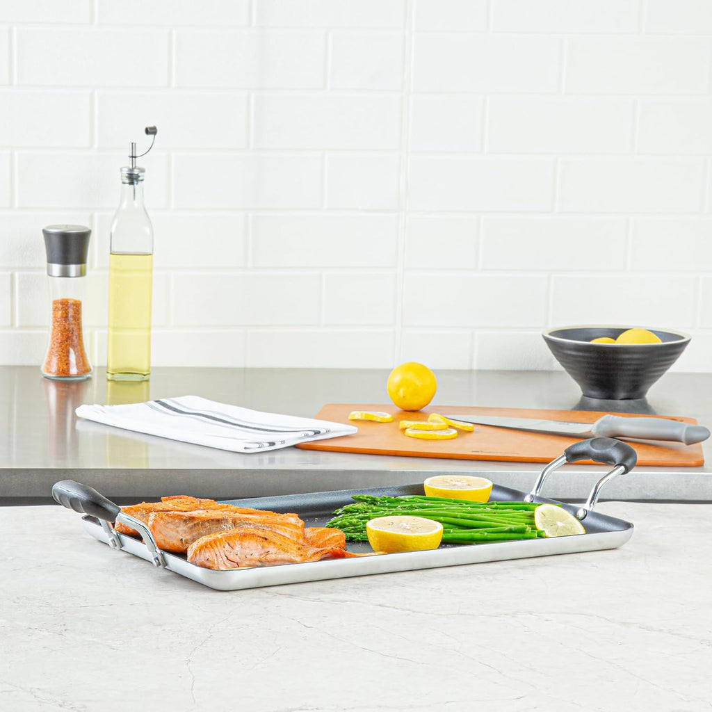 Restaurantware-Met Lux 16.5 x 10.5 Inch Double Burner Griddle, 1 No-Stick Flat Top Grill - Cool Touch Handles, Compatible With Gas And Electric, Aluminum Griddle Pan, Even-Heating, For Eggs