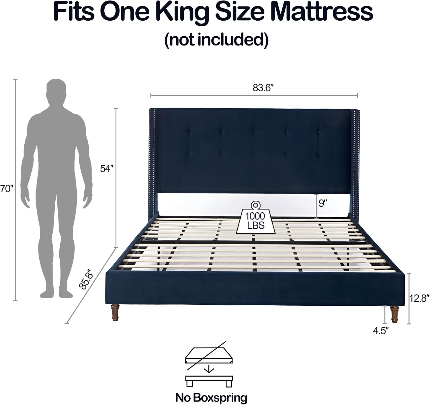 Peyton Upholstered King Bed Frame with 54' Tall Headboard Velvet Wingback Platform Bed with Hand-Buttoned Tufting and Nailhead Trim Strong Wood Slats Support No Box Spring Needed Easy Assembly Blue