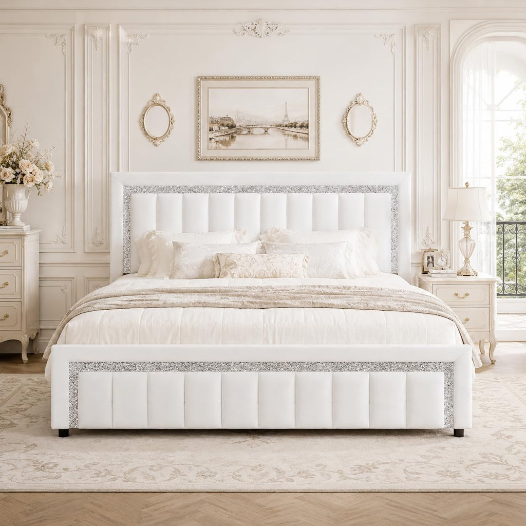 HOMBCK King Size Bed Frame with Diamond Velvet Headboard, Upholstered Bed Frame King with Wooden Slats Support, No Box Spring Needed, Noise Free, Easy Assembly, White