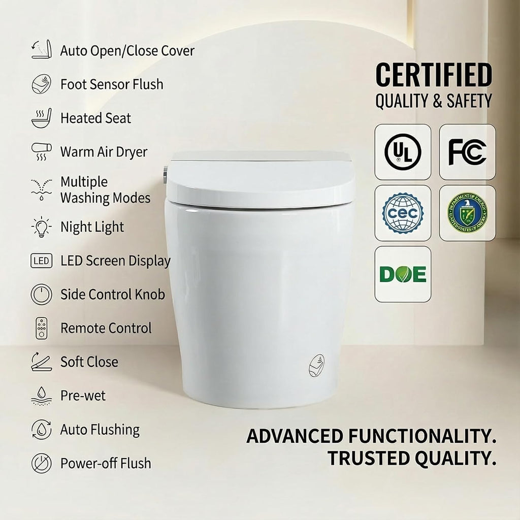 Smart Toilet with Bidet Built In, Heated Toilet Seat with Auto Open/Close Lid and Massage Washing, One Piece Bidet with Warm Water, Dryer, Night Light, LED Display, Tankless Toilets 1.28GPF