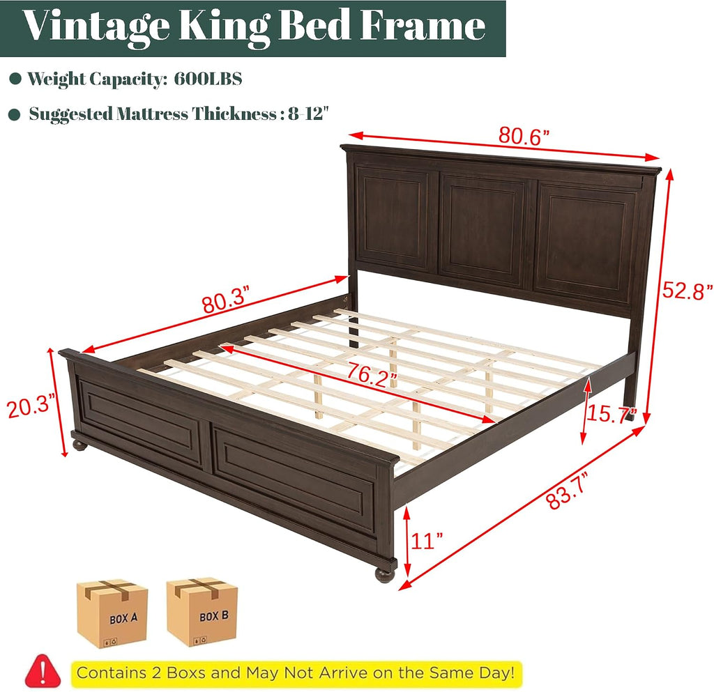 Mirightone Wood King Bed Frame with Tall Headboard and Footboard, Rustic King Panel Bed with Under Bed Storage, Farmhouse Style, Noise-Free, No Box Spring Needed, Antique Brown