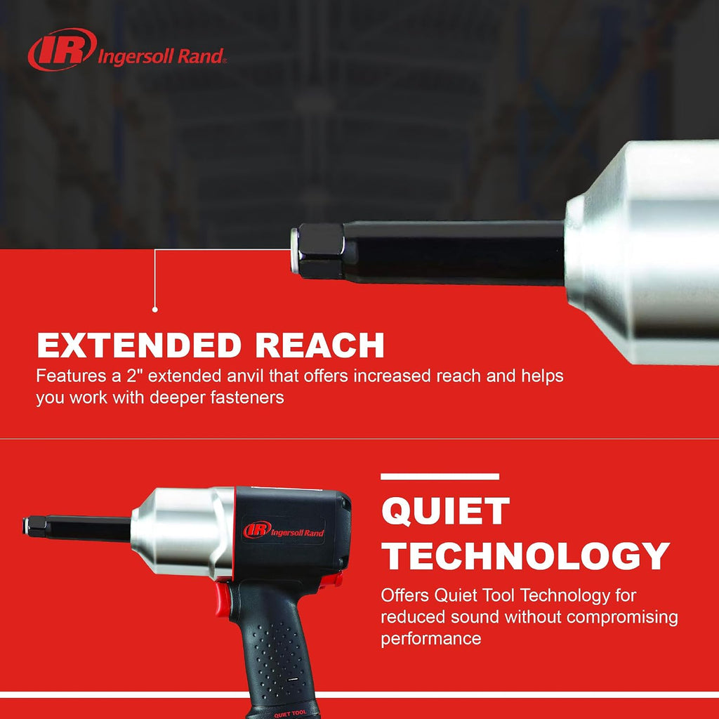 Ingersoll Rand 2135QXPA-2 1/2' Quiet Air Impact Wrench, Pistol Grip, 2' Extended Anvil, 780 Ft-Lbs Max Reverse Torque