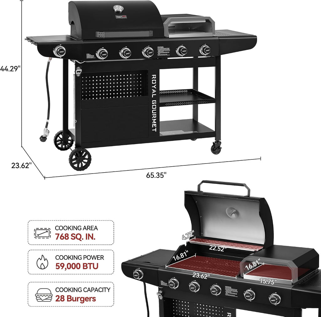 ZH3004H Premium Gas Grill and Pizza Oven Combo with Side Burner, 59,000 BTU, 768 Square Inches of Grilling Area, Automatic Ignition, Perfect for Backyard, Patio and Outdoor Parties, Black