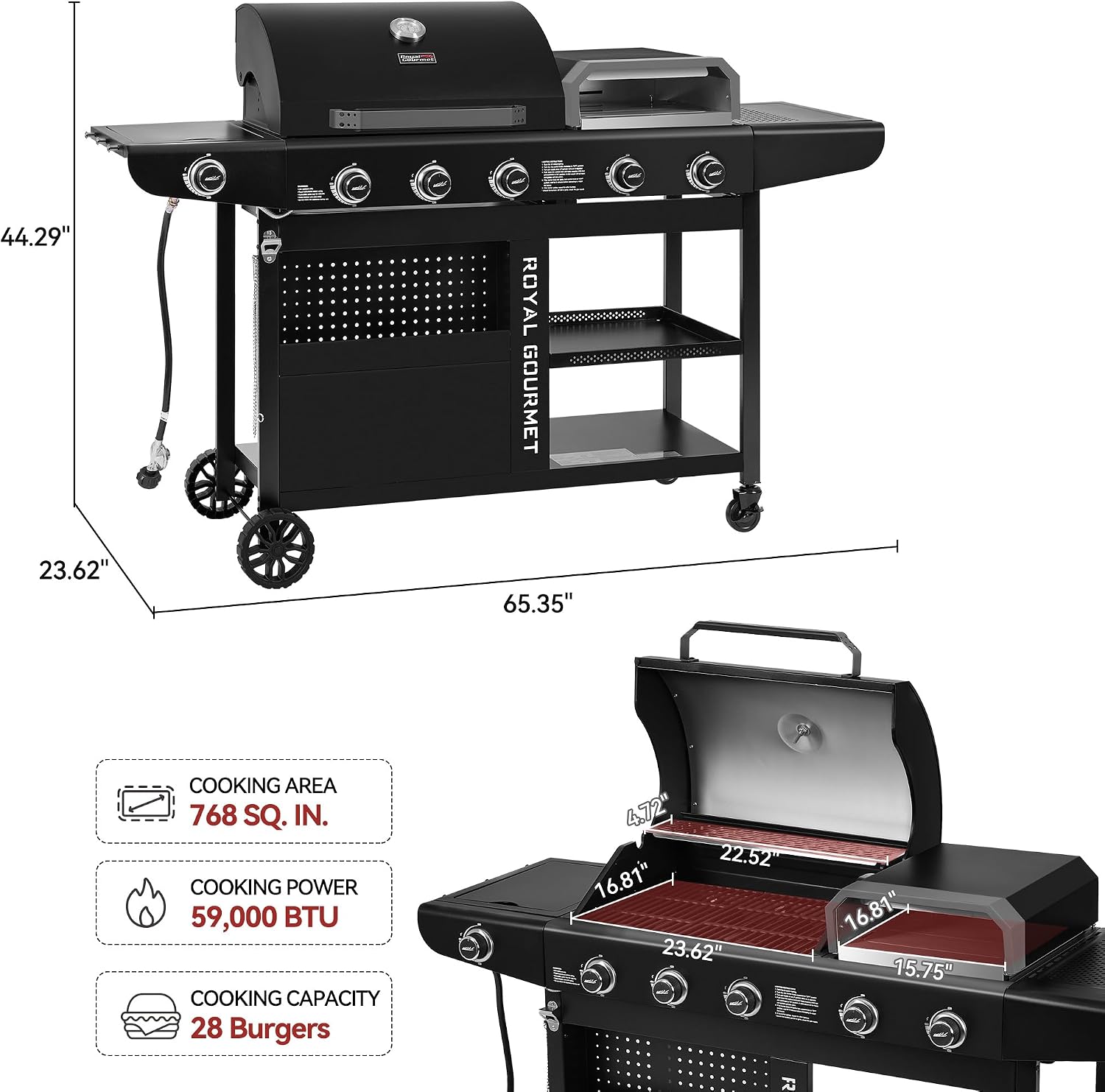 ZH3004H Premium Gas Grill and Pizza Oven Combo with Side Burner, 59,000 BTU, 768 Square Inches of Grilling Area, Automatic Ignition, Perfect for Backyard, Patio and Outdoor Parties, Black