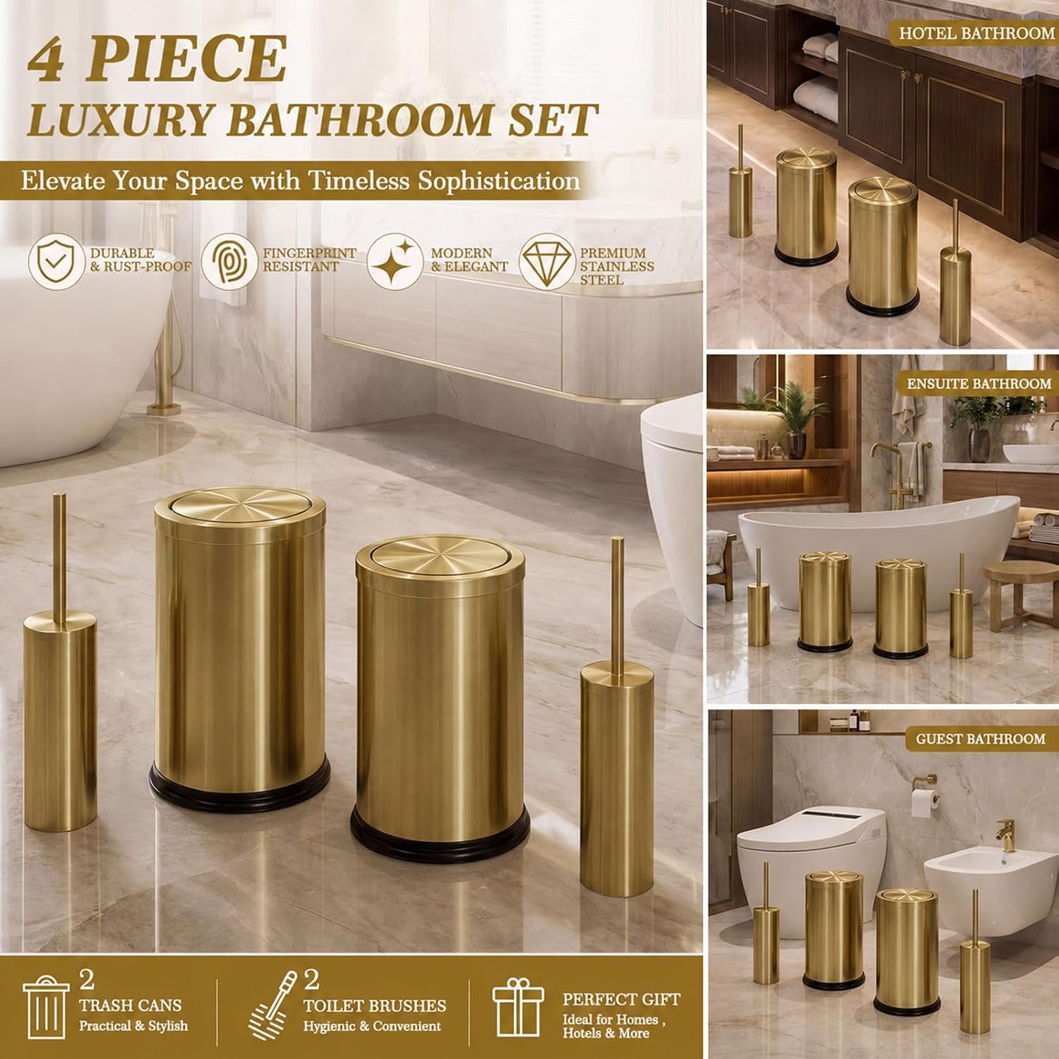 Maxdot 4 Pcs 2.4 Gallon/9 L Gold Bathroom Trash Can with Flip Lid and Toilet Brush Set, Hotel Small Stainless Steel Luxury Garbage Trash Can Wastebasket Bin for Home Bathroom Bedroom Kitchen Office