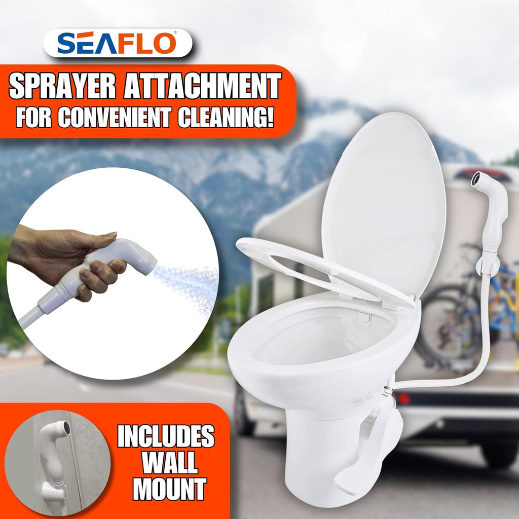SEAFLO Porcelain RV Toilet with Sprayer Attachment - Elongated Bowl 19' Inch Residential Height, Gravity Flush, Foot Pedal Soft Close Seat Camper Motorhome Easy Install 4 -year Warranty SFRTCH-02-02
