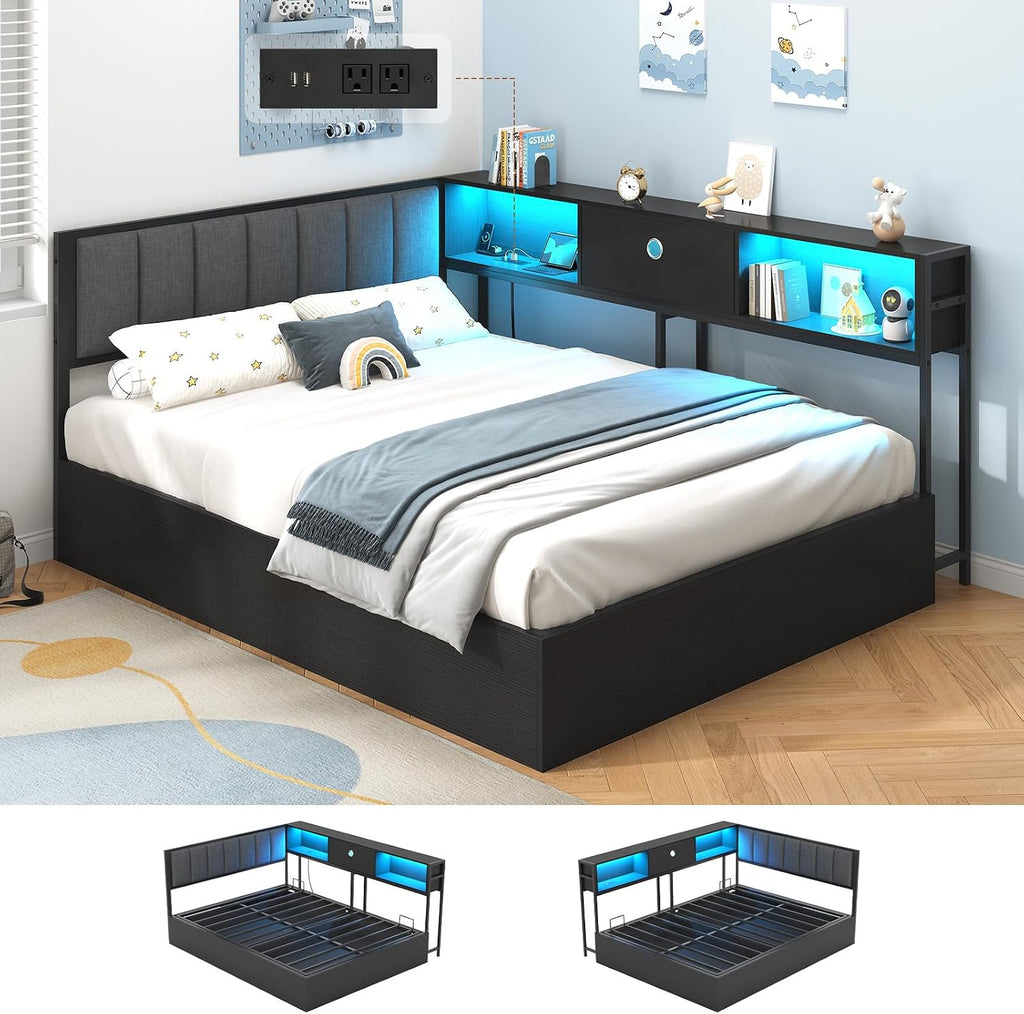 Hasuit Corner Full Lift Up Storage Bed Frame with Charging Station & LED Lights, Full Day Bed with Upholstered Headboard and Bookcase, Corner Beds with Hydraulic for Kids Teens Guests, Black