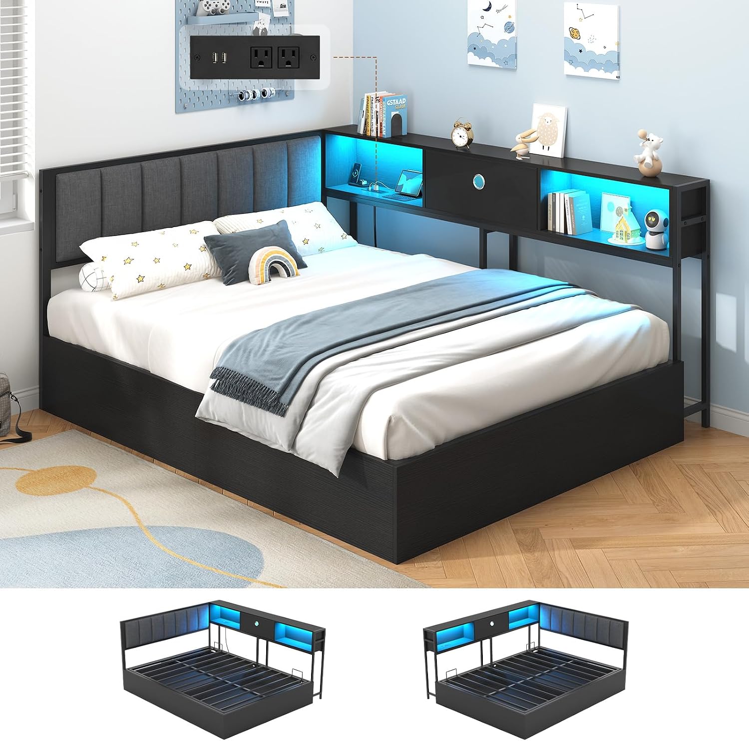 Hasuit Corner Full Lift Up Storage Bed Frame with Charging Station & LED Lights, Full Day Bed with Upholstered Headboard and Bookcase, Corner Beds with Hydraulic for Kids Teens Guests, Black