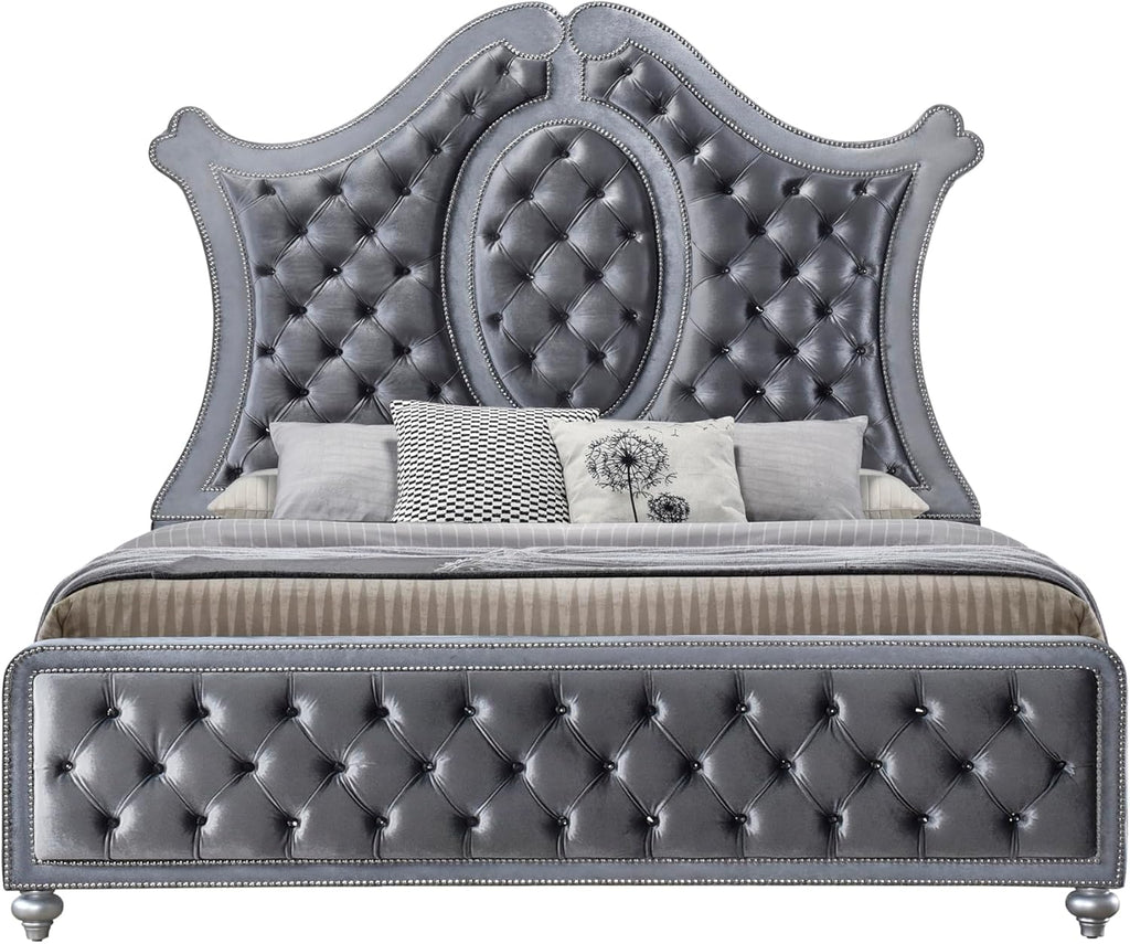 6pc Traditinal Gray Finish Luxury Upholstered King Size Panel Bed Set Arched Headboard Master Bedroom Furniture