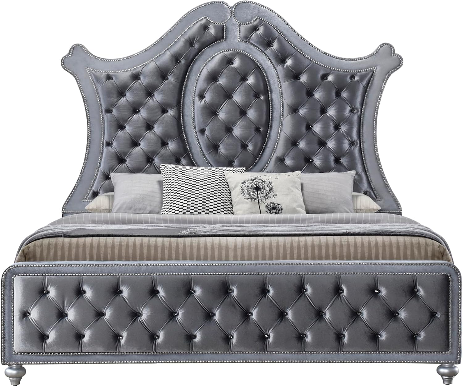 6pc Traditinal Gray Finish Luxury Upholstered King Size Panel Bed Set Arched Headboard Master Bedroom Furniture