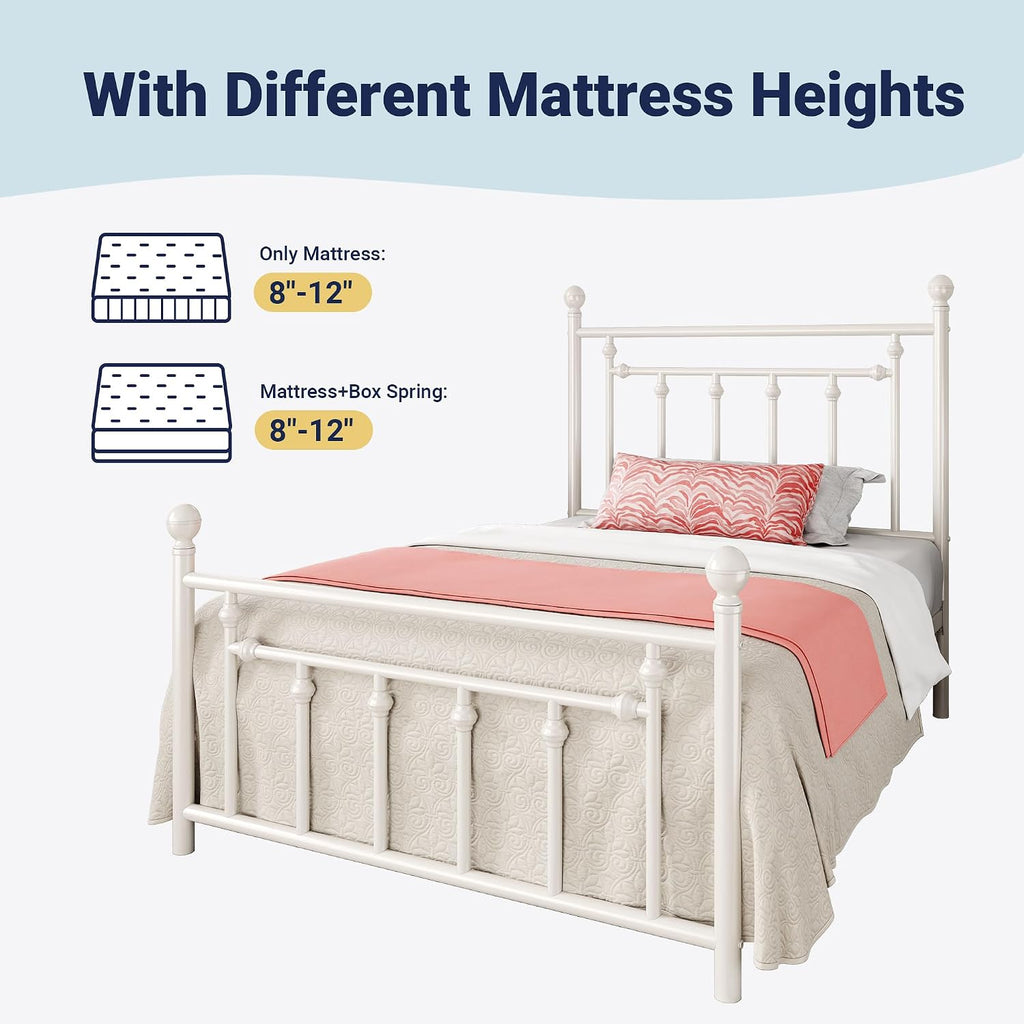 Allewie 14 Inch Twin Size Metal Platform Bed Frame with Victorian Vintage Headboard and Footboard/Mattress Foundation/Under Bed Storage/No Box Spring Needed/Easy Assembly/Noise Free/White