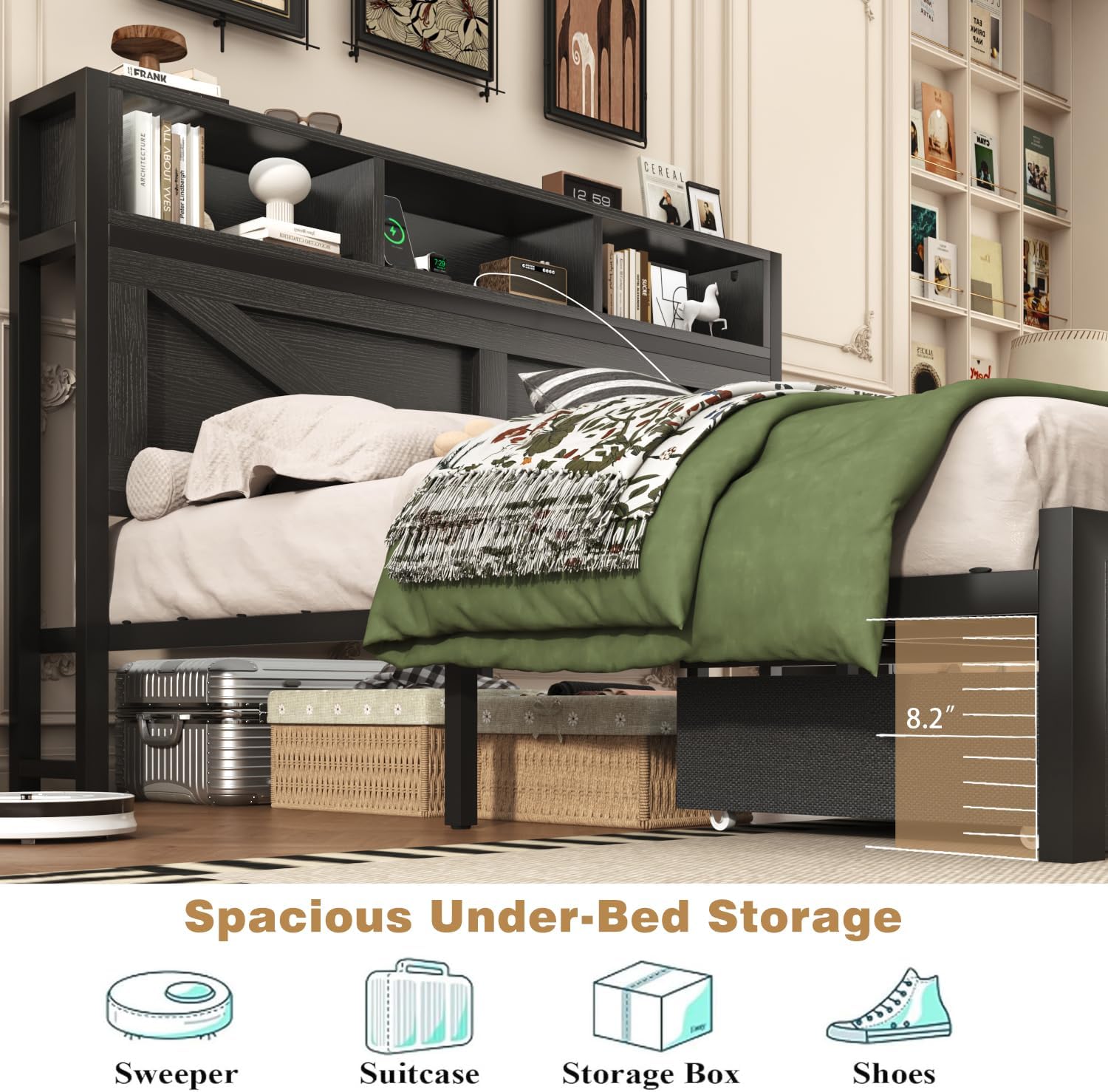 Incyneva Farmhouse Queen Bed Frame with Bookcase Storage Headboard, Charging Station, LED Light and 2 Storage Drawers, Noise Free, No Box Spring Needed, Black