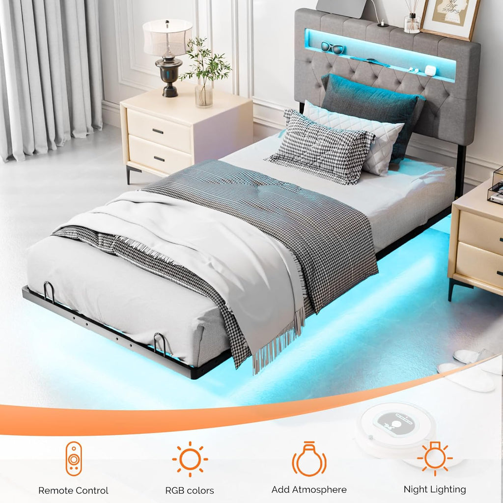 VINGLI Twin Floating Bed Frame with Headboard Heavy Duty Metal Frame, Storage Shelf, LED Lights Charging Station, Modern Platform Bed, Adjustable Headboard, No Box Spring Needed, Grey