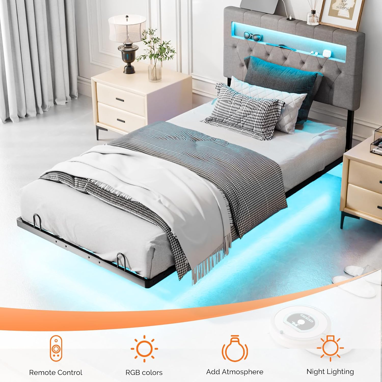 VINGLI Twin Floating Bed Frame with Headboard Heavy Duty Metal Frame, Storage Shelf, LED Lights Charging Station, Modern Platform Bed, Adjustable Headboard, No Box Spring Needed, Grey
