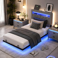VINGLI Twin Floating Bed Frame with Headboard Heavy Duty Metal Frame, Storage Shelf, LED Lights Charging Station, Modern Platform Bed, Adjustable Headboard, No Box Spring Needed, Grey