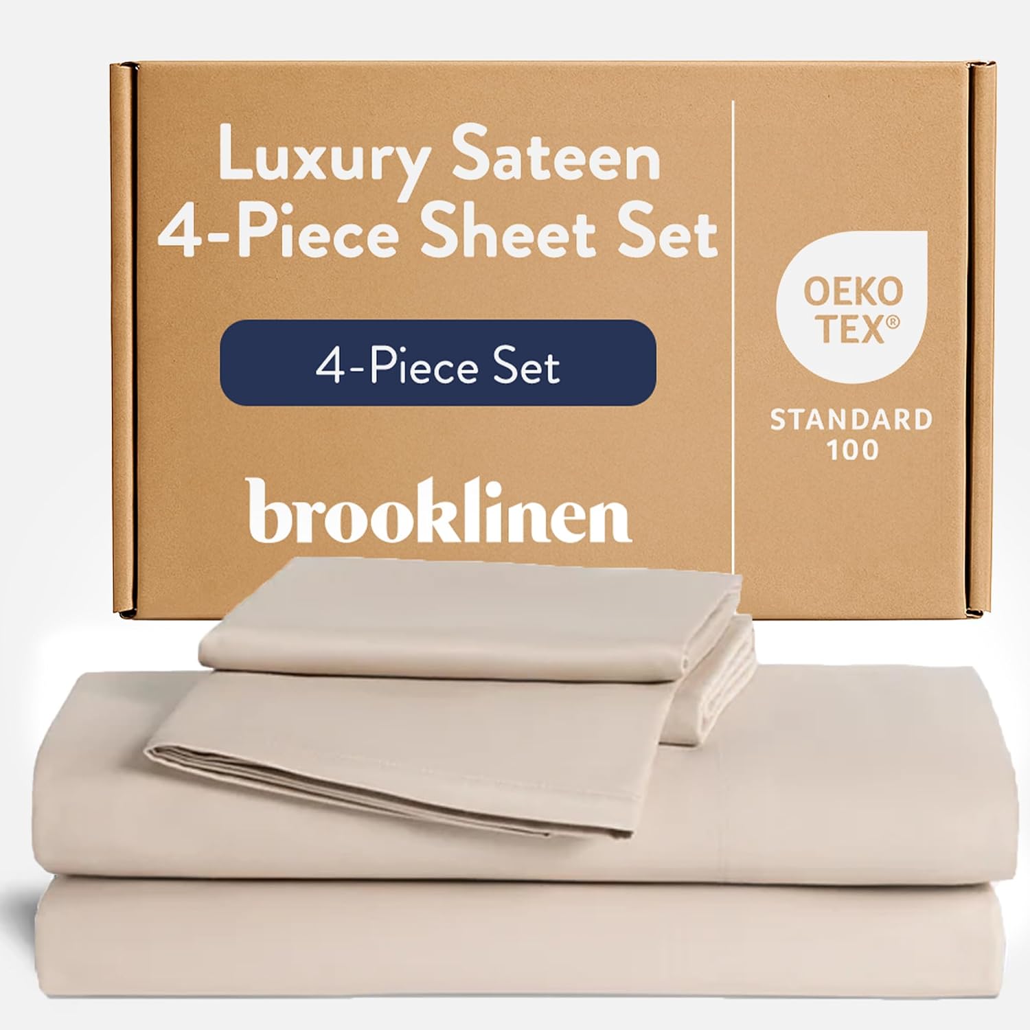 Brooklinen Luxury Sateen 4 Piece Sheet Set - 100% Cotton Bed Sheets, Soft & Durable Full Size Sheet Set in Pebble, Oeko-TEX Certified Bedding Set, 1 Fitted Sheet, 1 Flat Sheet, 2 Pillowcases