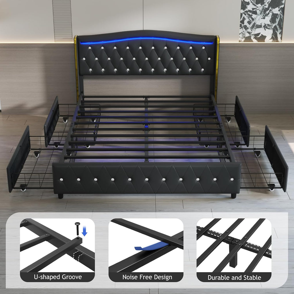 E-Motie Full Size Bed Frame with Wingback Headboard, Upholstered Platform Bed with RGB LED Lights, Charging Station, 4 Storage Drawers & Metal Slat Support, No Box Spring Needed, Black