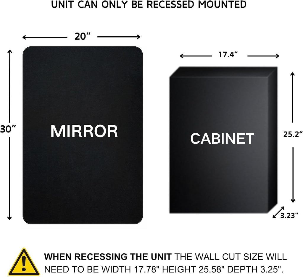 TEHOME Farmhouse Matt Black Recessed Bathroom Medicine Cabinet with Mirror Rounded Rectangle Metal Framed Medicine Cabinet with Beveled Mirror 20x30''