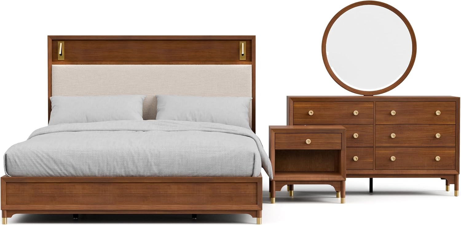 Furniture of America Forma Modern Solid Wood 4-Piece Bedroom Set with Upholstered Bed with LED Lights, Ball-Bearing Glide on Nightstand and Dresser with Mirror, No Box Spring Needed, King, Walnut