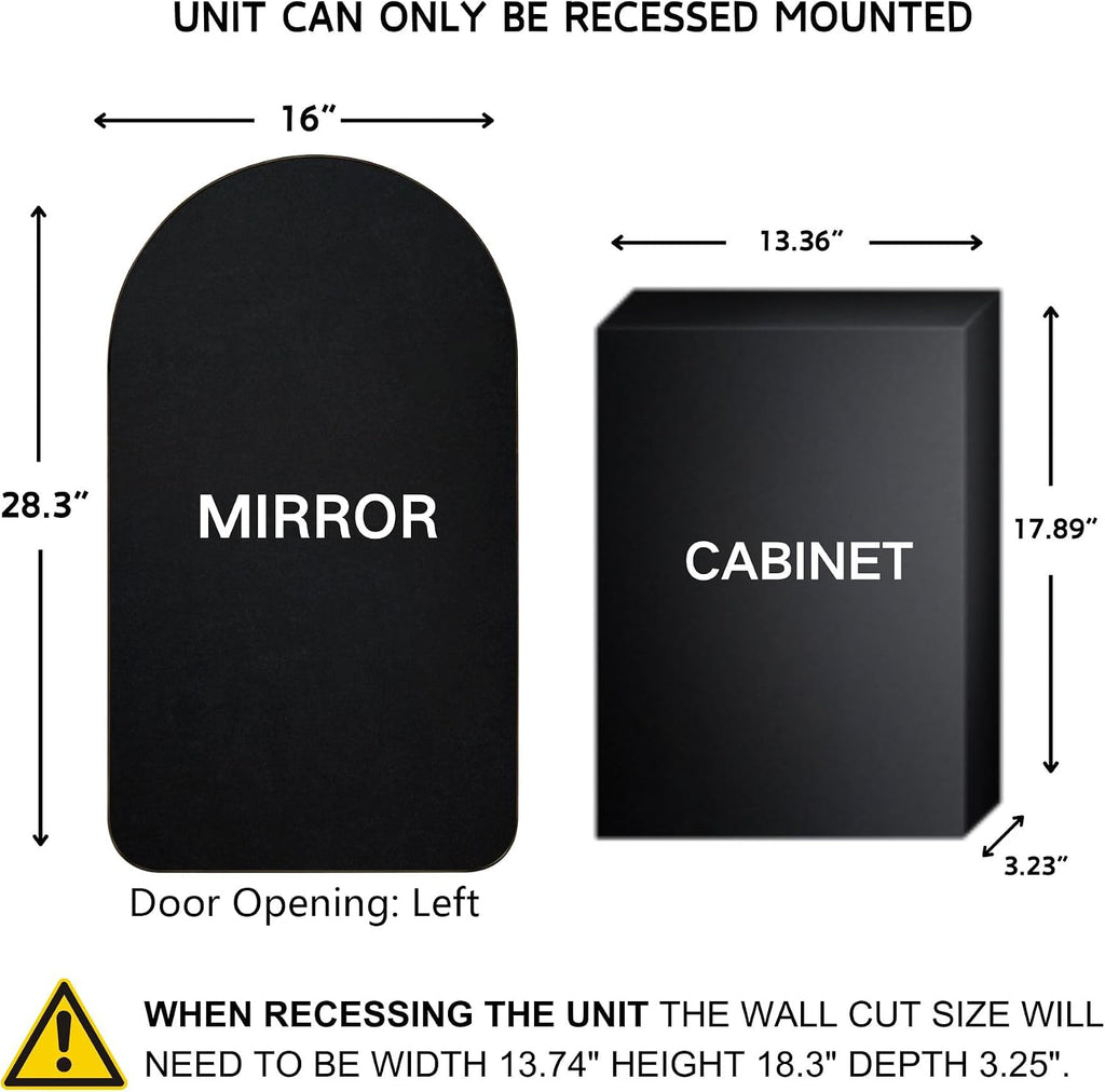 Matt Black Arched Recessed Bathroom Medicine Cabinet with Mirror Stainless Steel Metal Framed Rectangular Bathroom Cabinet with Mirror 16x28.3''