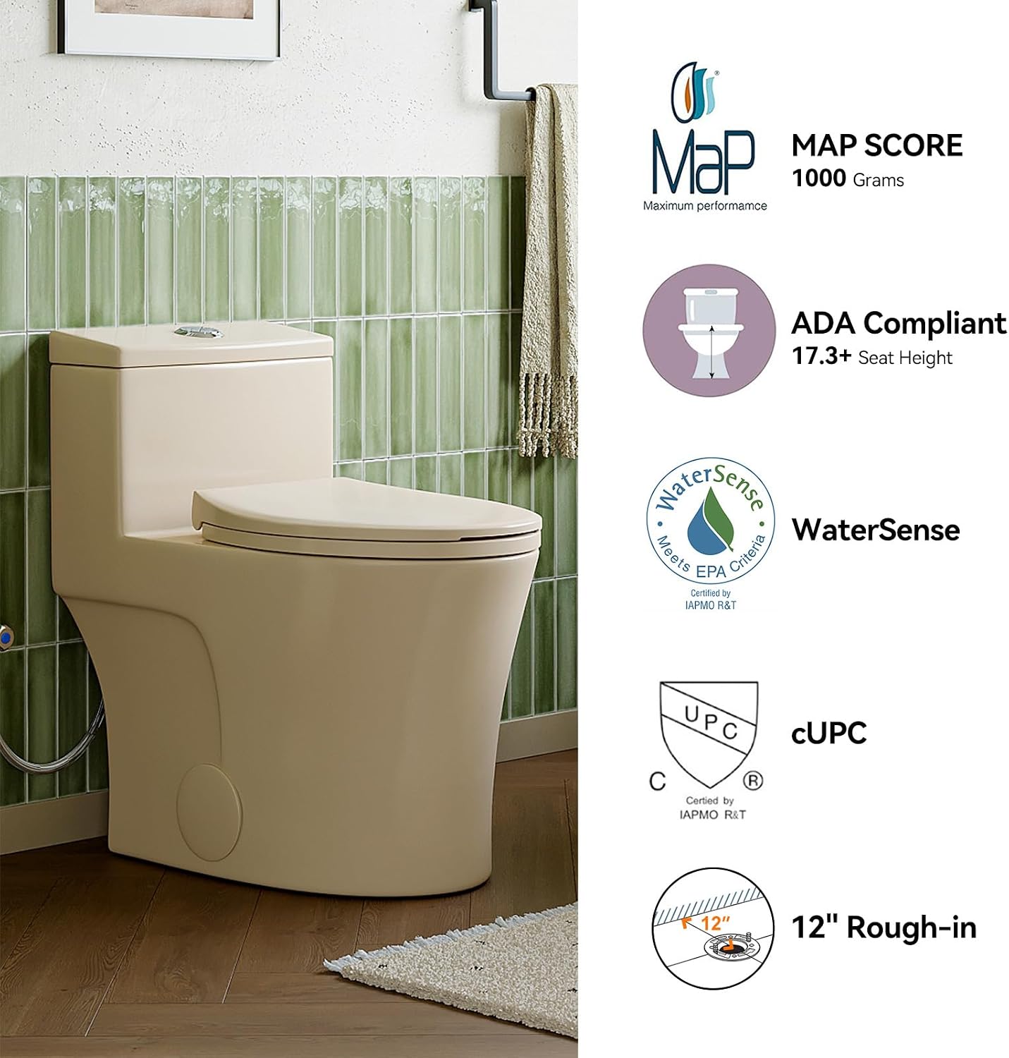 HOROW T0338WBC Elongated One Piece Toilet Bisque, ADA Toilet 17.3' with Comfortable Chair Height Seat, Modern Toilet for Bathroom, Dual Flush 0.8/1.28 GPF, 12' Rough-in Toilet Bowl Bisque