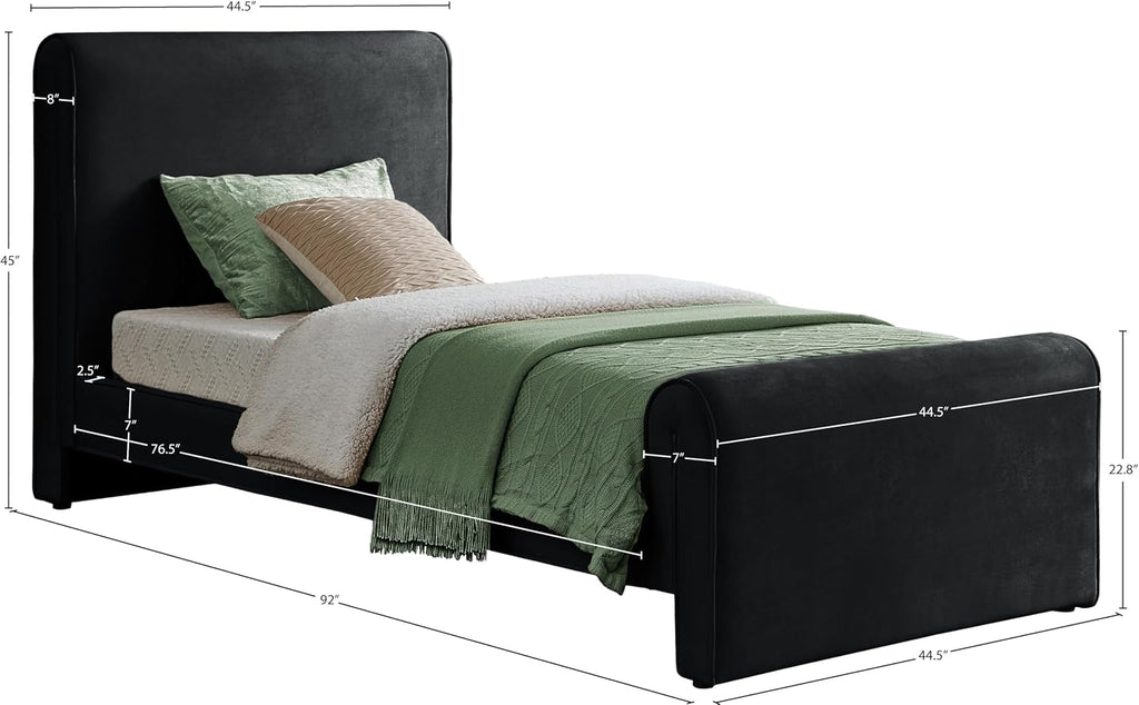 Meridian Furniture SloanBlack-T Sloan Collection Modern | Contemporary Velvet Upholstered Twin Bed with Rich Soft Black Velvet, Curved Headboard and Footboard, 44.5' W x 92' D x 45' H, Black, Twin