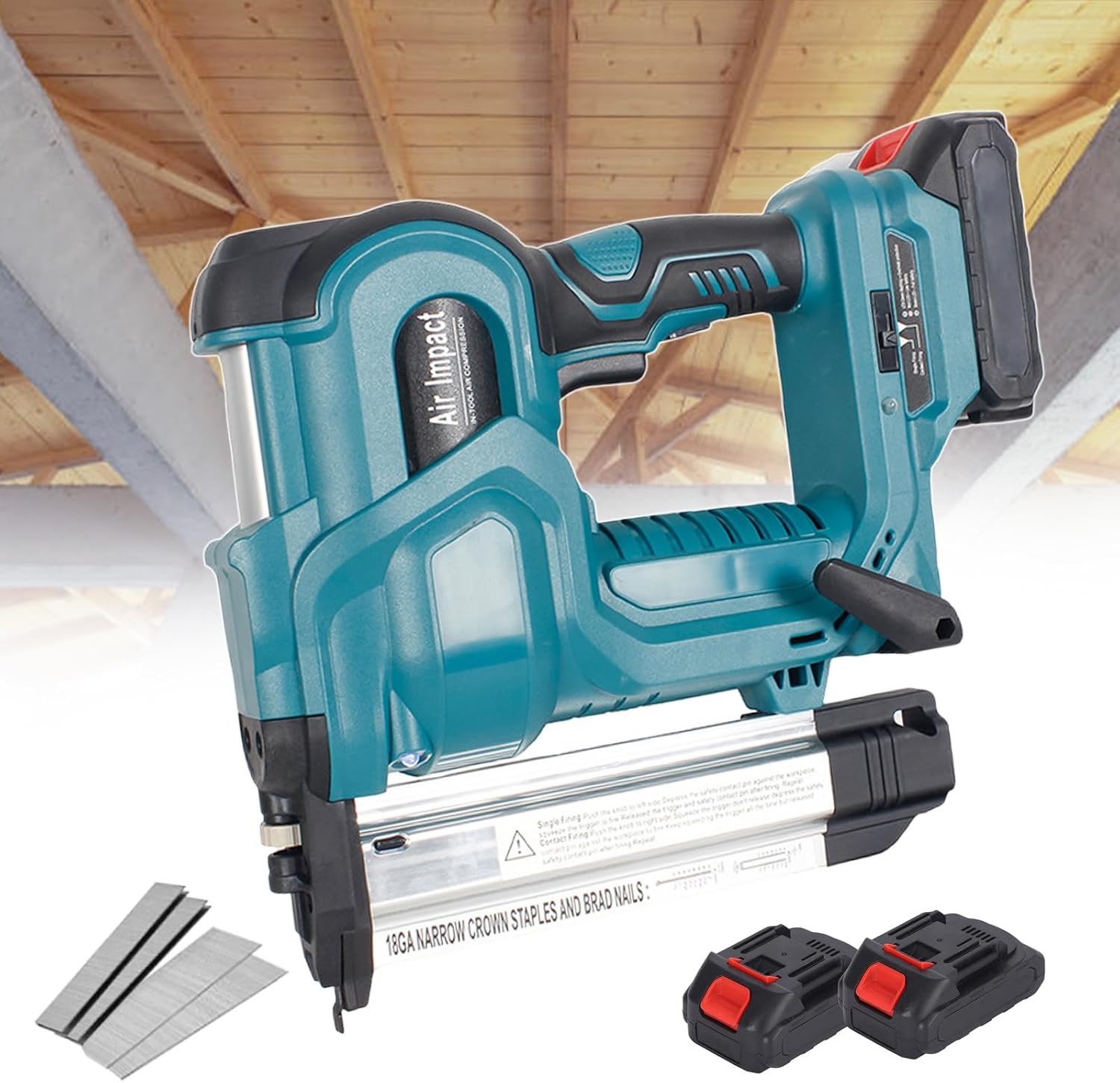 Cordless Nailer, 2 in 1 Electric Stapler for Upholstery/Roof Frames/Woodworking, Handheld Brad Nailer, for Staples & Straight Nails, with 2 * 2.0 Ah Removable Batteries,Blue