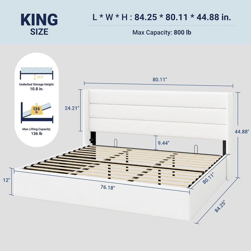 Allewie King Size Velvet Lift Up Storage Bed, Modern Wingback Headboard, Hydraulic Support, No Box Spring Needed, White