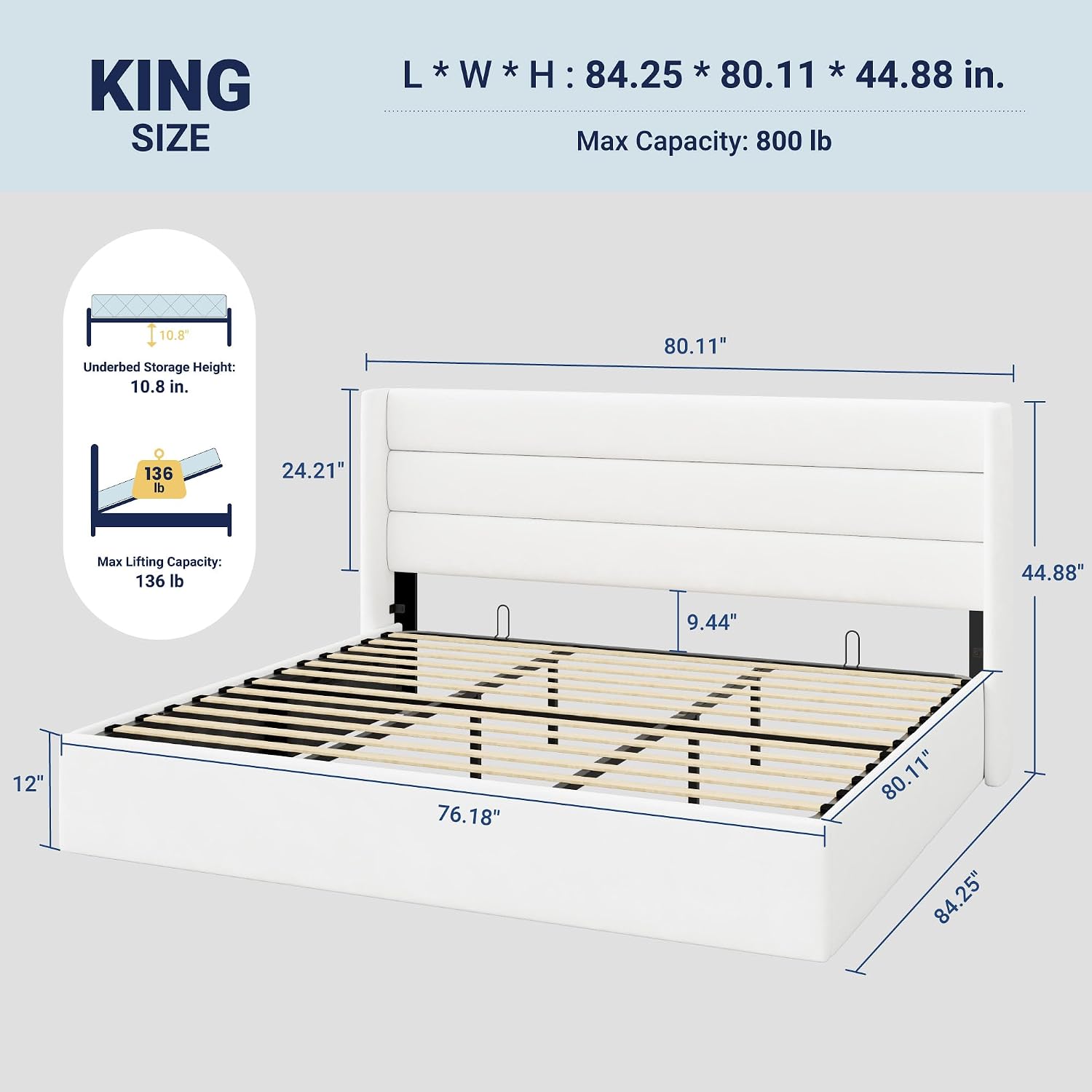 Allewie King Size Velvet Lift Up Storage Bed, Modern Wingback Headboard, Hydraulic Support, No Box Spring Needed, White