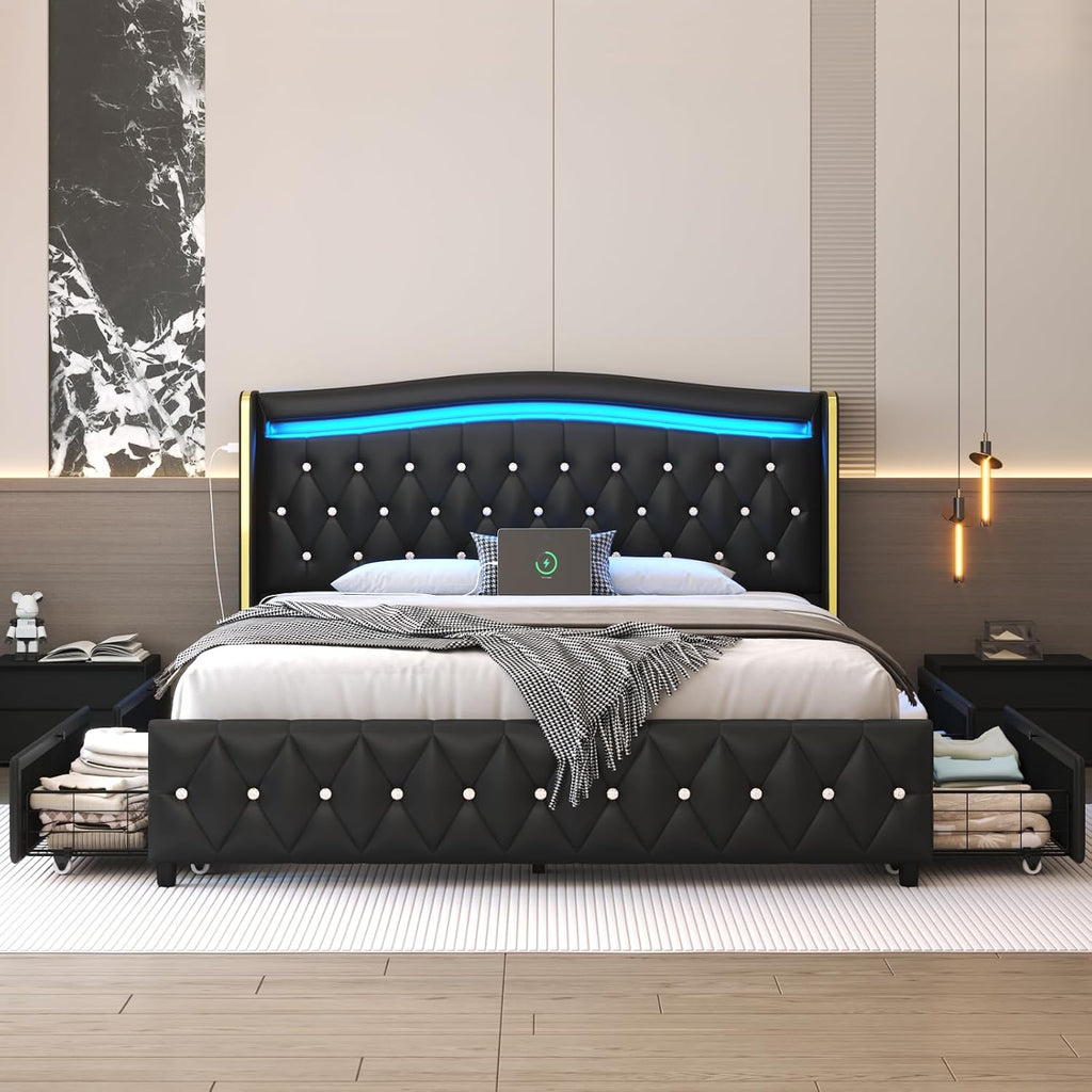 E-Motie Full Size Bed Frame with Wingback Headboard, Upholstered Platform Bed with RGB LED Lights, Charging Station, 4 Storage Drawers & Metal Slat Support, No Box Spring Needed, Black