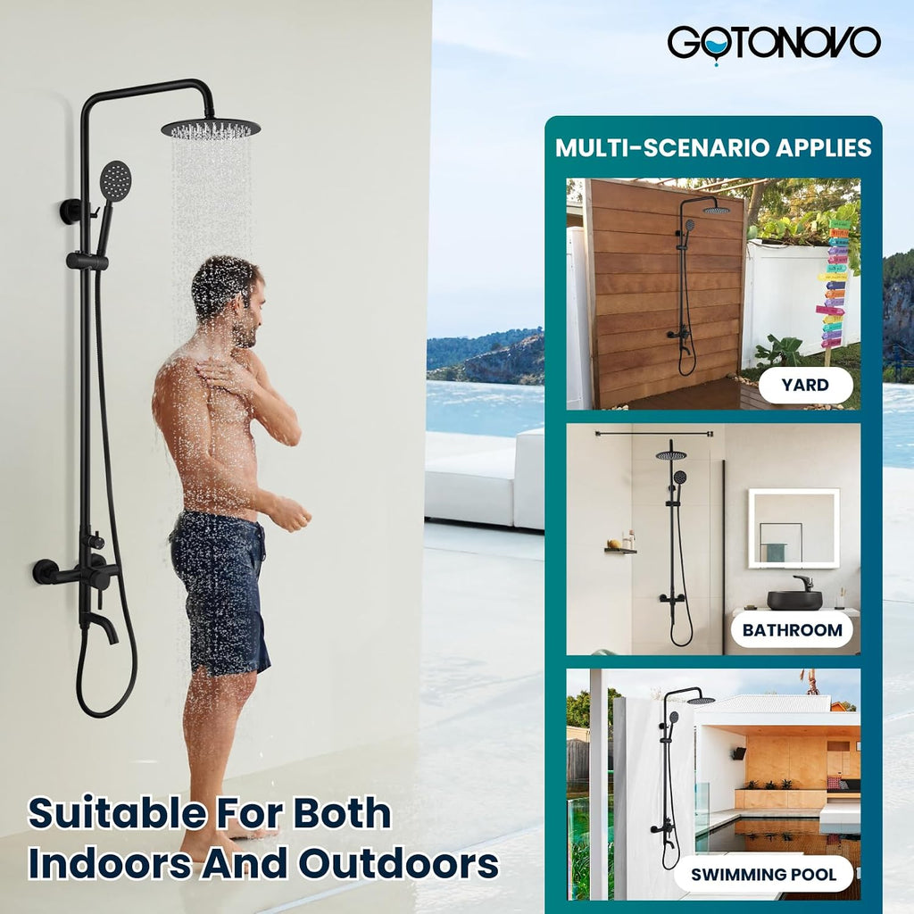 gotonovo Shower faucet Set Matte Black Triple Function with Adjustable Hand Sprayer and Tub Spout SUS 304 Stainless Steel 8 Inch Rainfall Shower Head Bathroom Shower Fixture Wall Mount Complete Set