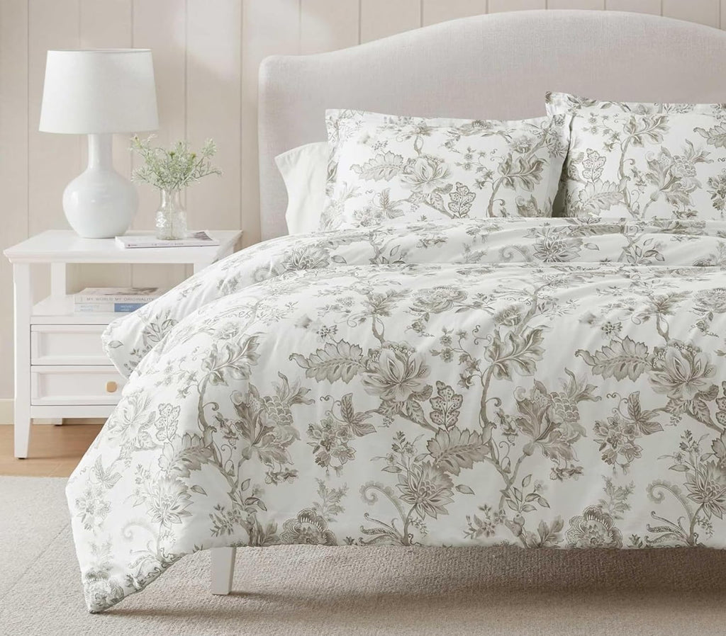 Martha Stewart - King Comforter Set, Smooth Sateen Front with Subtle Sheen & Lightweight Cotton Percale Reverse, 3 Piece Bed Set with Matching Pillowcases (Avery Floral Grey)