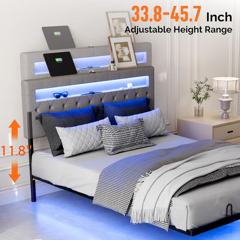 VINGLI Full Size Floating Bed Frame with Charging Station,Modern Metal Full Bed with led Lights,Easy Assembly,No Box Spring Needed,Adjustable Headboard,Upholstered Bed Frame for Adults, Kids
