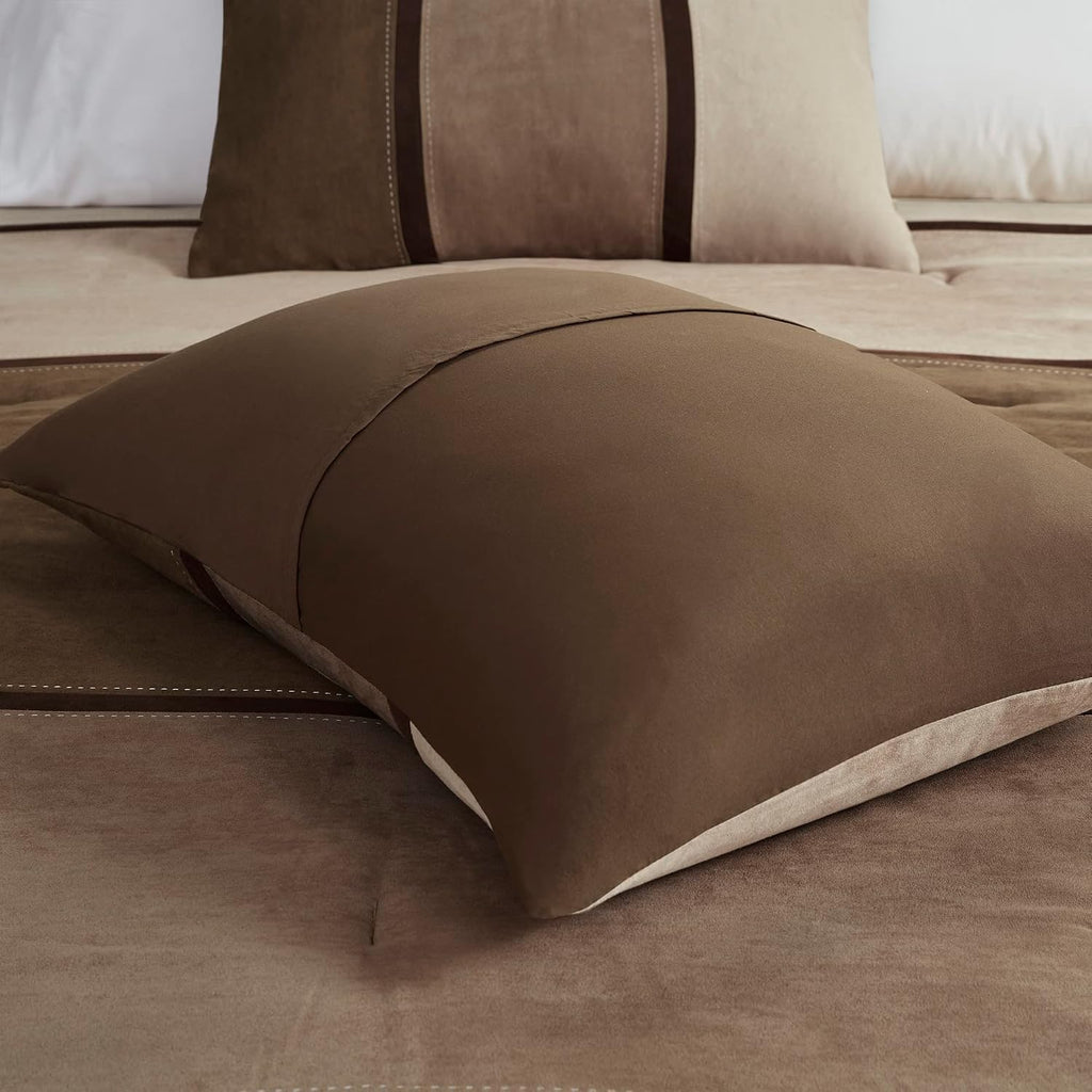 Madison Park Palisades Comforter Set Modern Faux Suede Pieced Stripe Design, All Season Down Alternative Cozy Bedding with Matching Shams, Decorative Pillows, King(104'x92'), Brown 7 Piece
