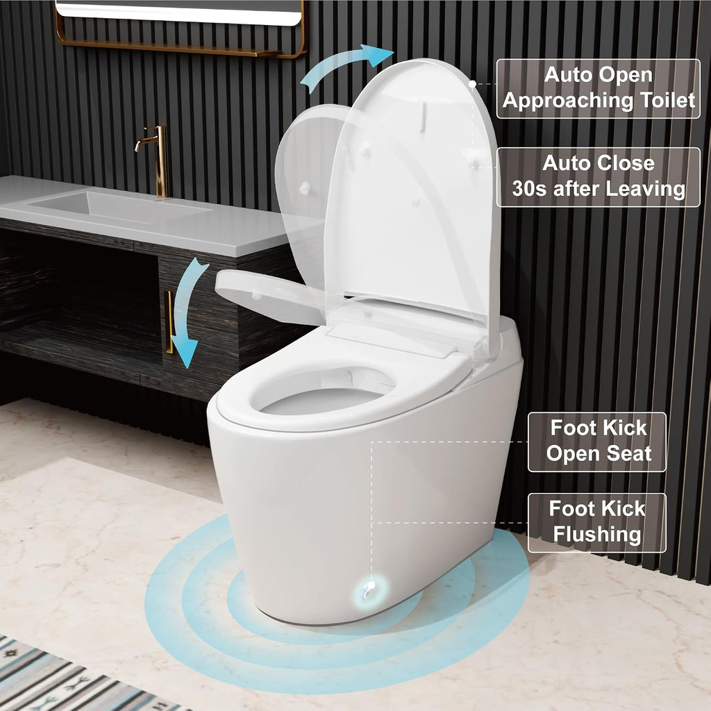 Smart Toilet with Auto Open Close, One Piece Elongated Toilet with Foot Sensor, Comfort Height, Blackout Flush, Auto Flush, Heated Seat, Nightlight for Bathroom