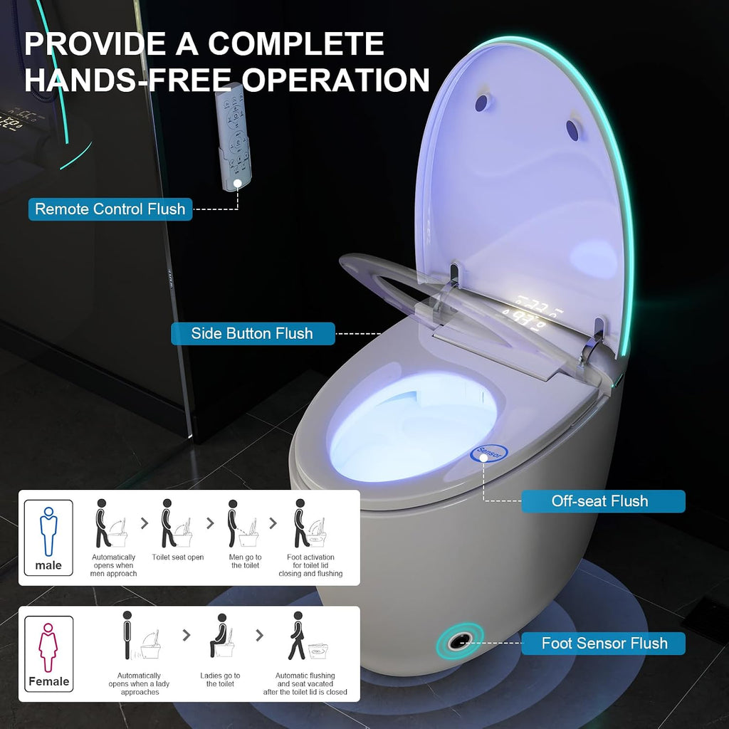 Smart Bidet Toilet with Foam Shield, Auto Open/Close Lid & Seat, Foot Sensor Flush, Tankless One Piece Elongated, Heated Seat, Instant Warm Water & Dryer