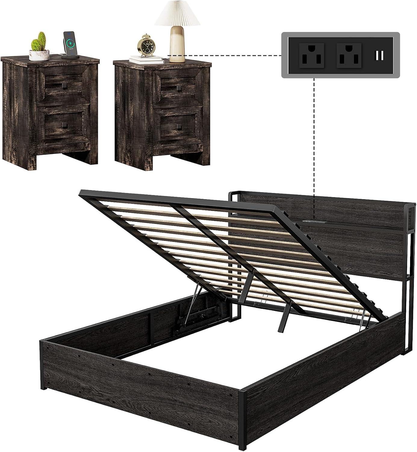 LUXOAK 3 Pieces Bedroom Sets, Includes Full Size Lift Up Storage Bed with Storage Headboard & Charging Station, 2 Drawers Farmhouse Nightstand Set of 2 with Charging Station, Black