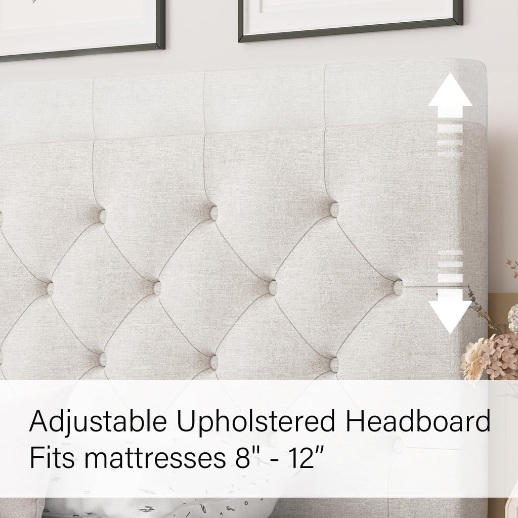HOMBCK King Size Bed Frame, Linen Fabric Upholstered Bed Frame King Size with Headboard, Wood Slats Support, Button Tufted Design, No Box Spring Needed, White