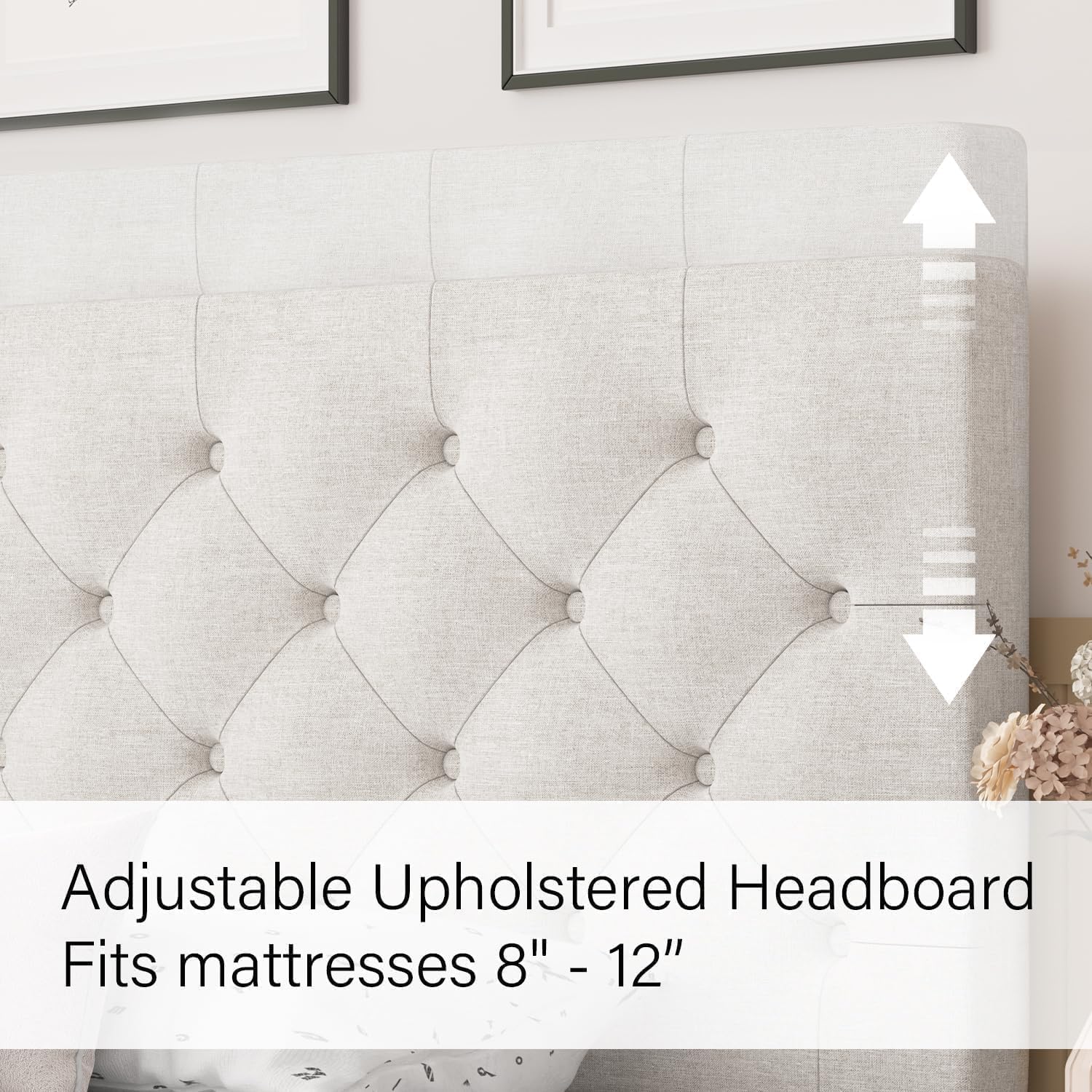HOMBCK King Size Bed Frame, Linen Fabric Upholstered Bed Frame King Size with Headboard, Wood Slats Support, Button Tufted Design, No Box Spring Needed, White